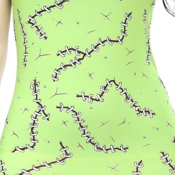 Green Stitches Dress Zombie Frankenstein Monster Halloween Goth NWT Bodycon RARE - Picture 2 of 3